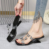 High Heeled Sandals Women Summer New Pearl Butterfly Square Toe Straight Strap Sandals, Fashionable Outerwear Plus Size Slippers