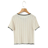 Fashion Casual Knitted Shirt With Black Trim Bow Knit T Shirt Short Sleeve Hollow Out Crew Neck Top For Women Daily Outfit EMZE