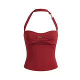 Women’s Solid Color Vest Halter Tops Front Metal Cut Out Sleeveless Slim Fit Tank Tops Summer Sexy Elegant Streetwear