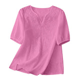 Women Summer Loose Embroidered V Neck Solid Color Short Sleeved Comfortable Button Down Shirt Top женская одежда