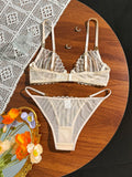 French Style Beige Lace Bra and Panties Set Women Sexy Eyelash Lace Underwear Transparent Mesh Two Piece Lingerieeige