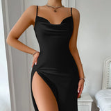 Sexy Solid Silk Satin Slip Nightdress Women's Sleepwear Draped Collar Split Backless Sleep Dress Nightgown Dresses