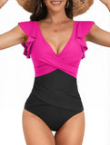 2026 Sexy Ruffle Swimsuit One Piece V-neck Drawstring Swimwear Women Bathers Bathing Swimming Swim Suit Female Beachwear XXL