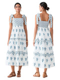 Flower Print Tie Strap Swing Dress Women A-Line Square Neck Tiered Ruffled Summer Bohemian Beach Long Tank Dress