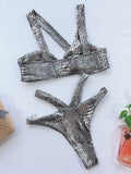Asymmetric Shiny Snake Skin Thong Bikini Female Swimsuit Women Swimwear Two Pieces Bikini set High Cut Bather Bathing Suit Swim