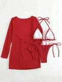 2026 Beach Skirt Swimsuit Women White Three-Piece Bikini Sexy Mesh Long Sleeve Hollow Out Bathing Suit Swimwear Summer Beachwear