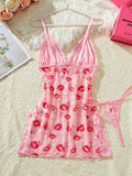 Lips Prints Pink Lace Sexy Lingerie Women See Through Babydoll Dress Slim Soft V Neck Side Opening Sleepwear Festival Gift