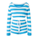 Two Piece Set Women Trendy Knit Outfits Solid Color/Stripe Off Shoulder Tops + Shorts Y2K Beach Casual Sexy Streetwear