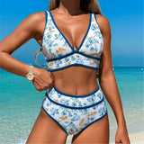 S - XL Sexy V Neck Printed High Waist Bikini Female Swimsuit Women Swimwear Two-pieces Bikini Set Bather Bathing Suit Swim V6997