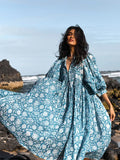 Foridol Lantern Half Sleeve Cyan Bohemian Beach Midi Loose Dress Summer for Women Tie Up Casual Floral Holiday Midi Vestidos