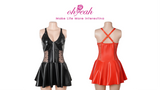 Red PU Leather Lace Babydoll Dress for Women Deep V Backless Suspender Garter Belt Mini Clubwear Plus Size S-2XL