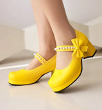Pearl Beaded High Heels Shoes Ladies Wedding Mary Janes Block Heeled Pumps Woman Hook&Loop Tacones Wedges Escarpins Femme