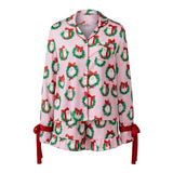 Womens 2025 Christmas Pajamas Sets Print Button Up Long Sleeve Lapel V Neck Tops and Shorts Lounge Wear Satin 2 Pieces Set