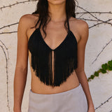 Women's Halter Neck Lingerie Bralette Elegant Solid Color Tassel Sleeveless V Neck Crop Tops for Dance Disco Club Daily Wear