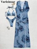 With Long Sleeve Cover Up Printed Bikini Women Swimwear Female Swimsuit Three-Pieces Bikini Set Bather Bathing Suit Swim V8389