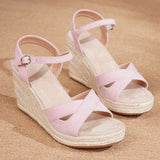 Yellow Soft Espadrille Wedge Heel Sandals Women Adjustable Ankle Strap Pink Jute Platform Summer Shoes Big Size 43