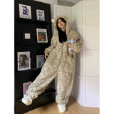 Leopard Hooded Pajamas Animal Kigurumi Unicorn Adult Onesies for Women Winter Sleepwear Flannel Pochets Overall Sets Slippers