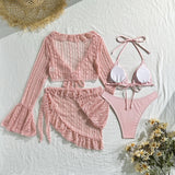 DEKA 4Pcs/Set Mesh Sheath Bikini Set Female Mini Camis Briefs Short Skirt Swimwear Fashion Drawstring Long Sleeve Boho Swimsuit