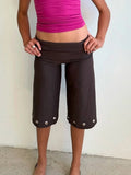 Women Capris Pants Summer Elastic Waist Solid Color Eyelets Casual Short Trousers Streetwear for Daily