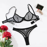 Ultra Thin Transparent Bra and Thong Set Women Sexy Underwear Polka Dot See Through Mesh Sheer Push Up Bras Lingerie Set