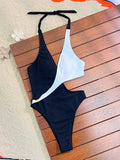 2025 New Fashion Bikini White and Black Contrasting Color Hollow Strap One-piece Swimsuit Beach Bathing Suit Women Купальник