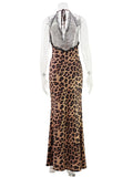 Ahagaga Sexy Women's Maxi Dresses Leopard Halter Backless Bodycon Slim Fit Deep V-Neck Bandage Print Party Eelgant Vestidos