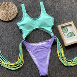 Tummy Cut Out Splicing Fringe Tassel Women Swimwear One Piece Swimsuit Female Monokini High Leg Cut Bathing Suit Swim Beach Wear