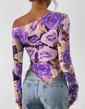 Women's Off-Shoulder Ruffled Sleeve Long-Sleeve Top with Asymmetrical Tie-Dye Mesh Asymmetrical Pleated Floral Print T-Shirt