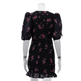 FDYOUI Elegant V-neck Floral Printed Short Dress High Street Women's Puff Sleeve High Waist Tunics Ruched Vacation Party Dresses