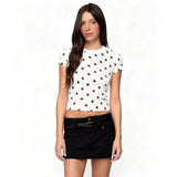 Women's summer fashion retro polka dot short-sleeved printed slim round neck top