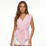 Fashion Women Sleeveless Blouse Waist Tie-ups V Neck Loose Fit Irregular Tops Club Party Street Shirts Summer Solid Color