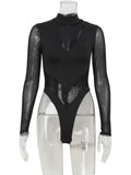 Ahagaga Sexy Mesh Women's Bodysuits See Through Skinny Turtleneck Solid Regular Long Sleeves Slim Fit Streetwear Rompers T Shirt