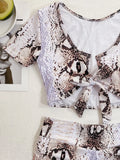 2026 Two Piece Swimsuit Swimwear Women Short Sleeve High Waist Bowknot Bathing Suit Beachwear Snakeskin Print Banadores Mujer