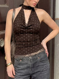 FDYOUI Women's Chic Polka Dot Tanks Top 2026 Summer Off Shoulder Lace Patchwork Corset Bandage Backless Crop Tops Streetwear