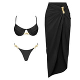 3Pc Push Up Bikini With Cover Up Women Sexy Swimsuit Female Swimwear Bandeau Biquini Shiny Button Bathingsuit Bodysuit Beachwear
