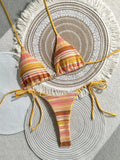 Sexy Coffee Striped Micro Bikini Set 2026 Women Halter Push Up Bra Bandage Thong Swimsuit Summer Bathing Suit Holiday Swimwear