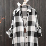 Long Sleeve Lapel Oversized Shirts Women Shirt Plaid Print Irregular Hem Single-breasted Soft Breathable Lady Long Top