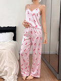 Women's Camisole Pajama Set Cute Sweet Heart Print Lounge Sets Sexy V Neck Satin Cami & Pants Sleepwear Pajamas Nightwear Pj Set