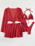 4PCS with Mesh Sarong Cover Up Long Sleeve Bikini Female Swimsuit Women Swimwear Four-pieces Bikini Bathing Suit Swim Beachwear