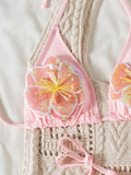 sexy 3d sequine flower pink bikinis sets two pieces swimsuits halter tie thong Swimwear Biquini conjunto de bikini tankini
