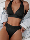 Wrinkled Crinkled Cross Back Bikini Women Swimwear Female Swimsuit Two-pieces Bikini Set High Cut Bathing Suit Swim Beach Wear