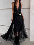 Sexy Deep V-neck Sleeveless Lace Dress Streetwear Women 2026 Backless Tunics A-line Party Dresses Long Maxi Robe Black White