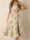 Women's Summer Floral Print Dresses Stylish Ruffled Trim Smocked Sleeveless Tie-Shoulder A-Line Dress