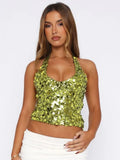 Sexy Solid Green Sequins Crop Tops Women 2026 Summer Halter Neck Lace-up Shiny Corset Vacation Camisole Top Night Club Outfit