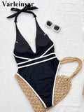 Sexy Deep V Neck Halter With Belt One Piece Swimsuit Women Swimwear Female High Cut Leg Monokini Bather Bathing Suit Swim V7602