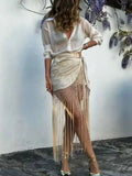 Embroidered Tassel Hem Skirt Elegant Women's Lace Up Mesh Hollow Out Short Skilt 2026 Summer New Chic Female Beach Holiday NT8W