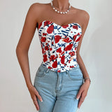 Summer Women Floral Y2K Crop Tops Printed Sleeveless Fishbone Corset Woman Sexy Backless Slim Strapless Streetwear Camisole