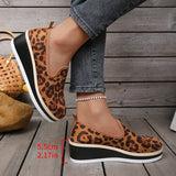 Sexy Leopard Print Wedge Heels Loafers Women Plus Size 43 Slip On Thick Sole Single Shoes Woman Round Toe Platform Casual Shoes