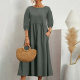 Womens Casual Summer Cotton Dress With Pockets 3/4 Sleeve Loose Midi Shirt Dress Women Dresses With Short Sleeves Vestidos