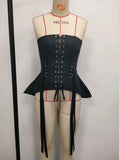 Sexy Strapless Waist Cinching Vest Women Black Ouble Metal Buckle Unique Woven Slimming Shaping Fishbone Ruffles Tank Tops